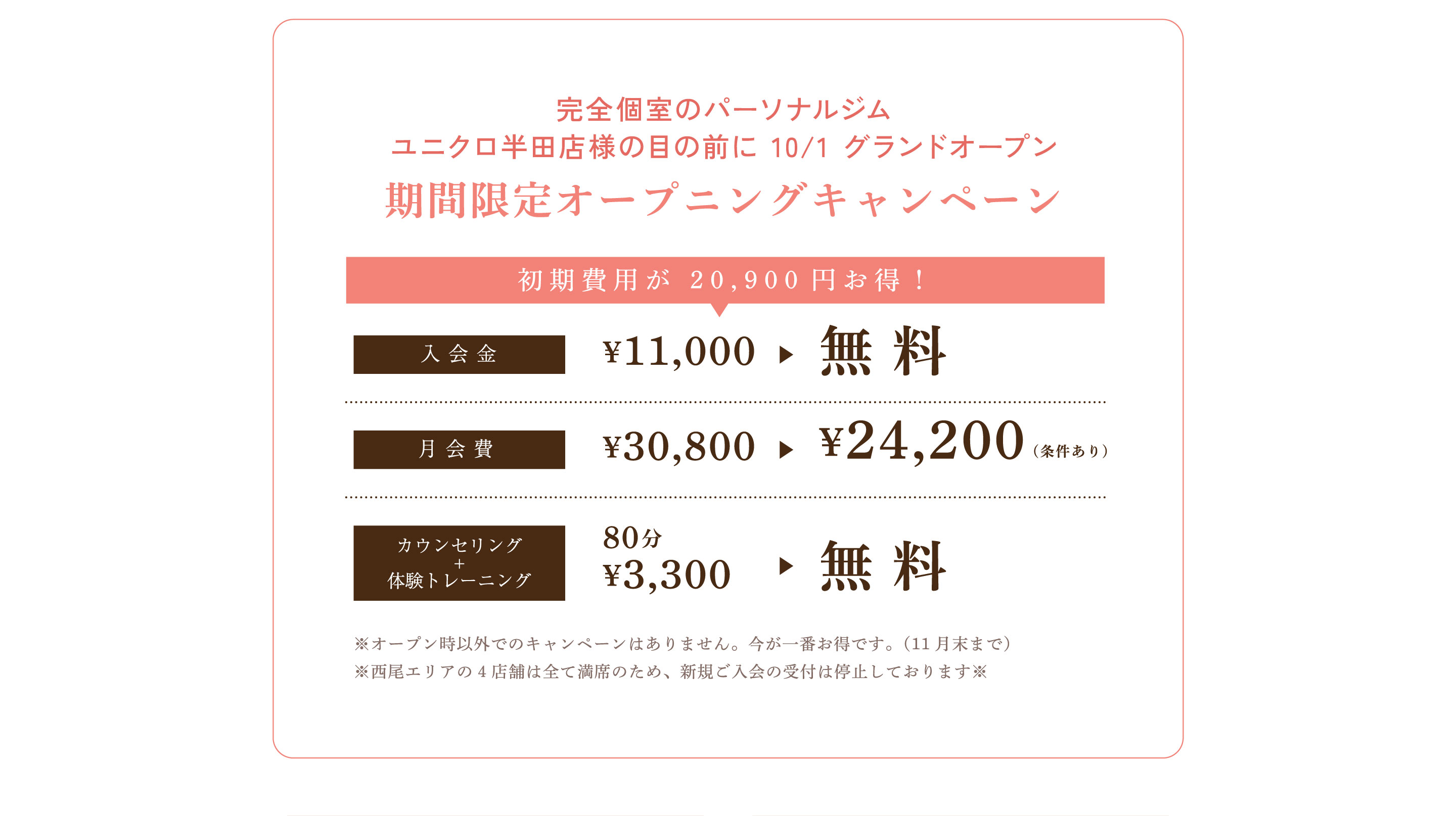 完全個室のパーソナルジム ユニクロ半田店様の目の前に 10/1 グランドオープン。期間限定オープニングキャンペーン。入会金無料、月会費¥24,200、カウンセリング+体験トレーニング80分無料