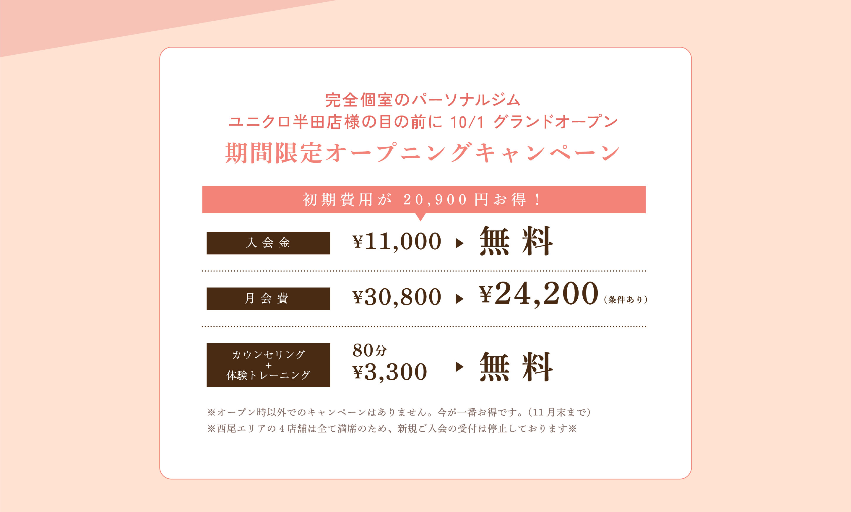 完全個室のパーソナルジム ユニクロ半田店様の目の前に 10/1 グランドオープン。期間限定オープニングキャンペーン。入会金無料、月会費¥24,200、カウンセリング+体験トレーニング80分無料