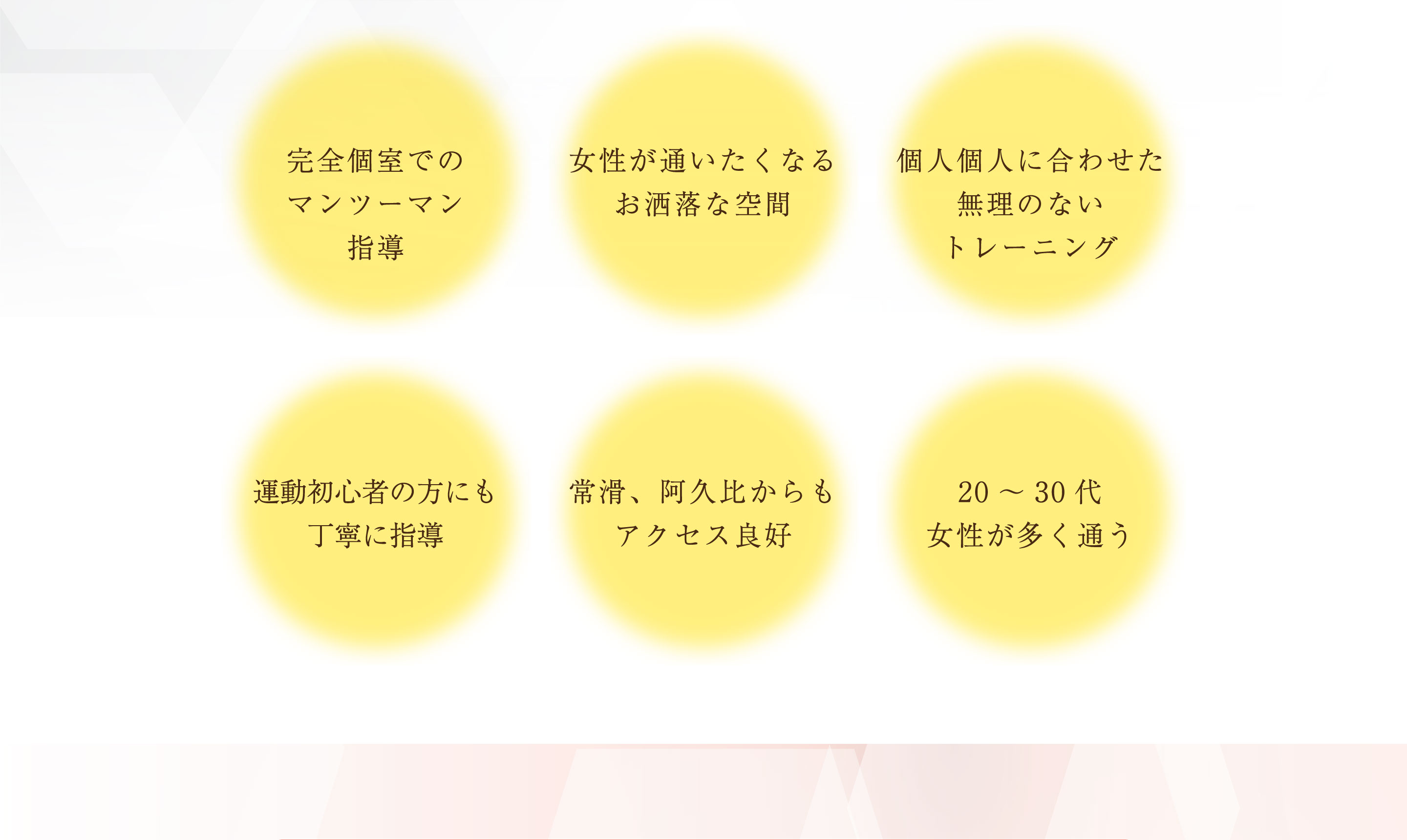 完全個室でのマンツーマン指導・女性が通いたくなるお洒落な空間・個人個人に合わせた無理のないトレーニング・運動初心者の方にも丁寧に指導・常滑、阿久比からもアクセス良好・20～30代女性が多く通う